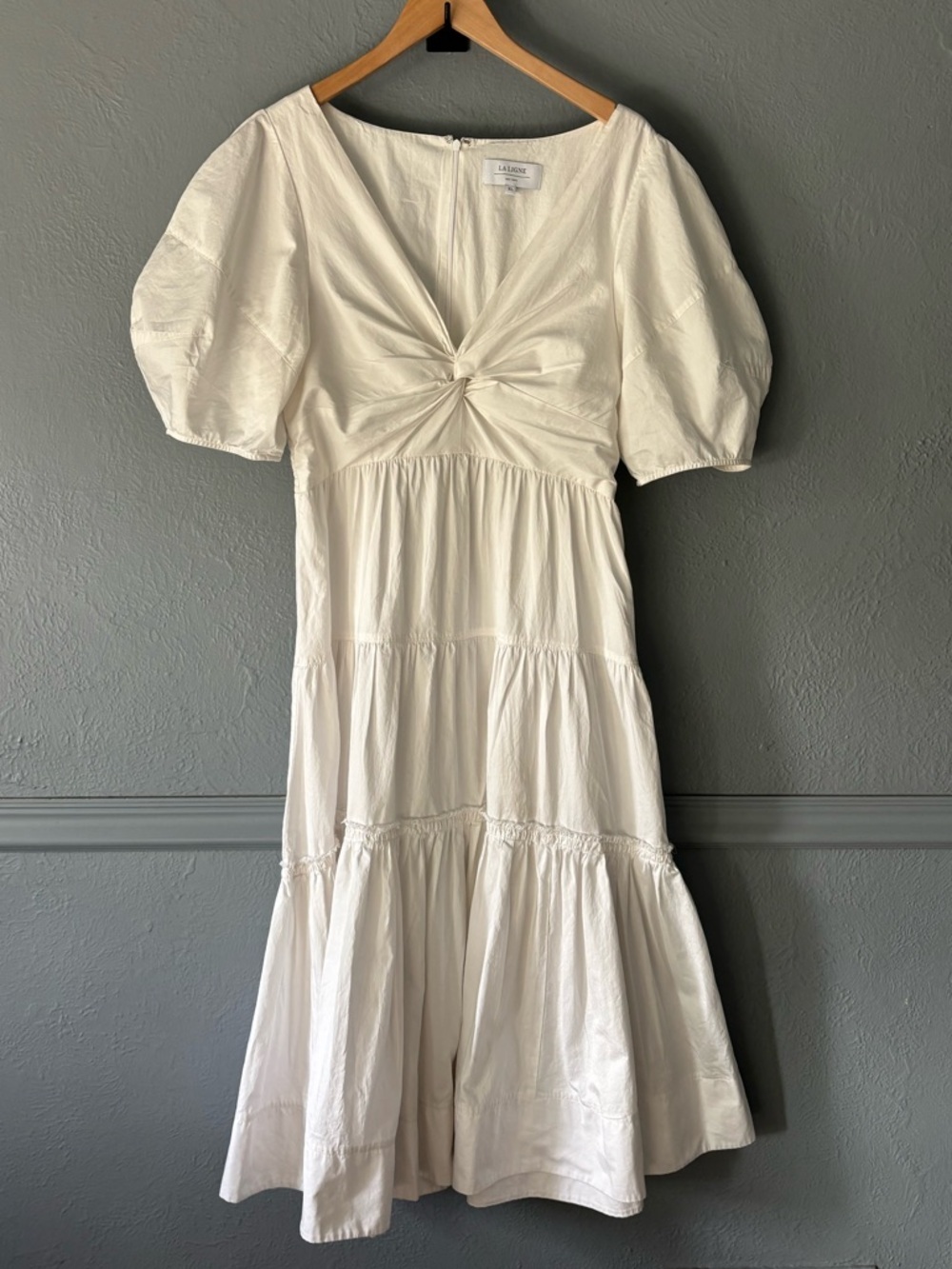 La Ligne Sirena Dress White Cotton Puff Sleeve Tiered Midi XL